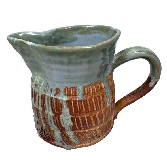 Meg W Biddle Pottery Pitcher Jug 5.25" Blue Green Drip Glaze Handmade Brown - Picture 3 of 10